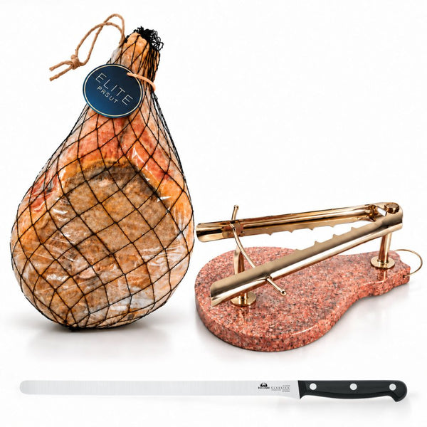 Komplet ELITE – Pršut s kostjo najmanj 11 kg + stojalo z rdečim, zlatim ali zelenim granitom + profesionalni nož